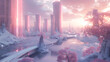 Abstract Cityscape in Soft Pink Hues and Pastel Tone Colors, Futuristic Urban Landscapes with Contemporary Architecture and Technology, Illustrating Modern City Life. Vibrant Digital Innovation.