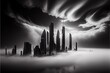 AI generated illustration of futuristic minimalist buildings above the clouds, grayscale