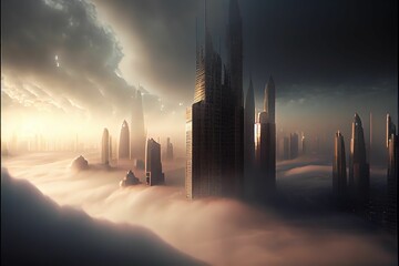 Wall Mural - AI generated illustration of the modern city with skyscrapers on a foggy day