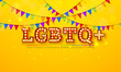 LGBTQ Pride Month Illustration with Glowing Light Bulb Lettering and Rainbow Color Party Flag on Yellow Background. Love is Love Human Rights or Diversity Concept. Vector LGBT Event Banner Design for
