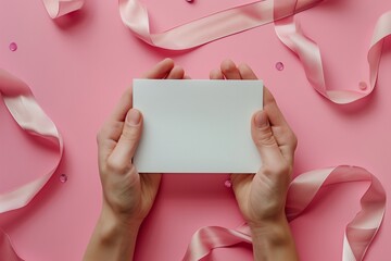 A woman's hands are holding an empty paper card on a festive pink background with satin ribbons. Postcard mockup template.