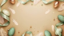 Elegant Easter Themed Background With Decorative Eggs And Feathers