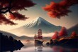 AI generated illustration of a sailboat against Mount Fuji and colorful trees around it