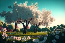 AI Generated Illustration Of A Beautiful Tree With White Flowers Against A Blue Sky