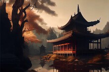 AI Generated Illustration Of An Ancent Oriental Building And Enchanted Gardens On The River Bank
