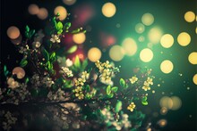 AI Generated Illustration Of A Branch With Tiny Yellow Flowers On A Colorful Bokeh Background