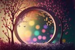 AI generated illustration of trees surrounding a circle with the bokeh lights in the background