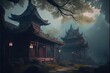 AI generated illustration of enchanted oriental buildings surrounded by autumn trees