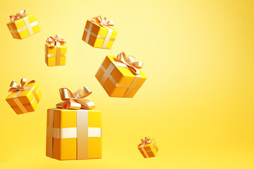 Levitation of yellow gift boxes with bow, copy space.