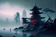 AI generated illustration of dark mystical oriental building reflected on the lake on foggy weather