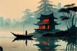 AI generated illustration of person on a boat approaching to the mystical japanese oriental building