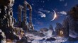 Mysterious ancient ruins under starry sky. An ethereal nightscape highlighting ancient ruins under a starry sky with a crescent moon, sparking curiosity