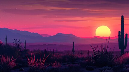 Wall Mural - A colorful sunset over a vast desert landscape with silhouetted cacti and distant mountains on the horizon.