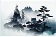 AI-generated illustration of ink wash painting of an ancient Asian temple on a hill in a forest