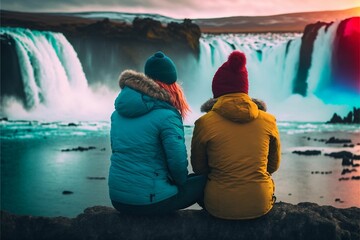 Wall Mural - two people in coats sitting on rocks in front of the waterfall