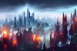 AI generated illustration of a dystopian city skyline with glowing beautiful lights
