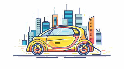 Vector illustration of yellow electric car on the background of the city.