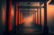 AI generated illustration of Japanese shrine gates and lamps covered in fog - a religious concept
