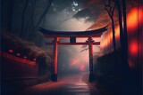 Fototapeta  - AI generated illustration of a Japanese shrine in a foggy park at night - a religious concept