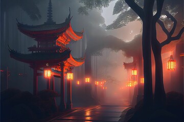 AI generated illustration of a Japanese shrine with glowing lamps at night - a religious concept