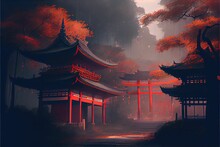 AI Generated Illustration Of Hyper-realistic Torii Gates In A Park In The Evening