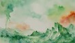 Abstract watercolor landscape with washes of green and red, evoking tranquility, ideal for Earth Day promotions or environmental awareness campaigns