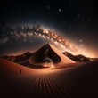 an empty structure sitting in the middle of desert land with a galaxy in the background