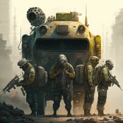 Wall Mural - AI generated illustration of a combat fiction machine with soldiers, can be used for video games