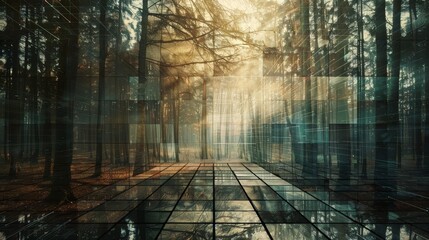 Wall Mural - Enchanted forest in a geometric grid  AI generated illustration