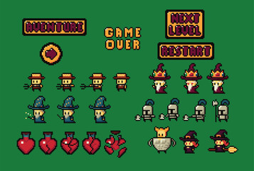 Fototapete - Set of minimalistic pixel art vector objects isolated. Pixel game buttons. Video nostalgic game pixel magic items, digital pixelated lives bar. Heroes and retro icons for games