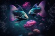 AI generated illustration of big blue fishes coral background