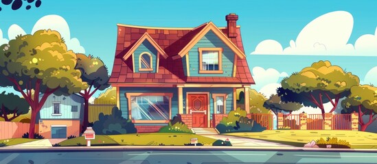 Poster - A picturesque cartoon illustration of a house with a red roof surrounded by trees in a peaceful neighbourhood. The sky is blue with light shining through the windows, and fluffy clouds float above