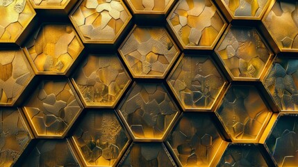 Aufkleber - Golden honeycombs in a geometric arrangement  AI generated illustration