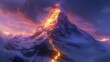 Majestic snow-capped mountain peak with fiery lava-like trails under a dramatic sunset sky.