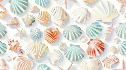 Poster - Pastel seashells in a nautical pattern  AI generated illustration