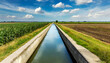 A concrete canal with irrigation water (diminishing perspective), in a rural scene on the plain, surrounded by agricultural fields with crops, blue sky and clouds on background. Generative Ai.