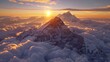 Serene sunrise over Everest, a drone captures the silent majesty of climbers approaching the summit.