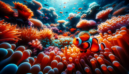 for advertisement and banner as Reef Resilience A clownfish among coral reefs highlighting the resilience of marine ecosystems. in Pet Behavior theme ,Full depth of field, high quality ,include copy s