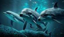AI-generated Illustration Of Three Playful Dolphins Swimming Side By Side In Ocean Water.