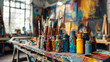 Inspiring art workshop scene with colorful paint and brushes