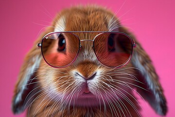 Wall Mural - Cheerful fluffy bunny in funny sunglasses on pink background. 