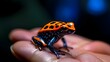 AI generated orange and black frog on human hand