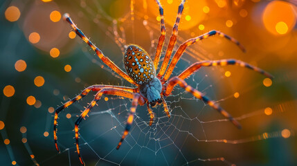 Close-up of a golden silk orb-weaver spider in its web at sunset