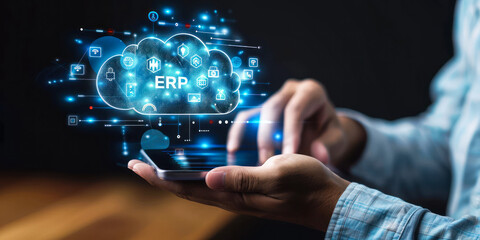 Poster - a businessman accesses cloud-based enterprise resource planning erp system via mobile device, integr