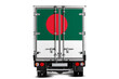 A truck with the national flag of  Bangladesh depicted on the tailgate drives against a white background. Concept of export-import, transportation, national delivery of goods