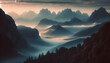 Photo real as Misty Mountains Mysterious fog enveloping a mountain range. in nature and landscapes theme ,for advertisement and banner ,Full depth of field, high quality ,include copy space on left, N