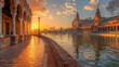 Breathtaking sunset view at Plaza de EspaÃ±a in Seville, Spain with reflections in water