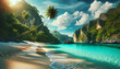 Photo real as Tropical Paradise A serene beach with turquoise waters and white sands. in nature and landscapes theme ,for advertisement and banner ,Full depth of field, high quality ,include copy spac