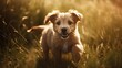 AI generated illustration of a cute, playful puppy walking in a field of grass at golden hour
