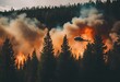 Helicopter in flight beside burning forest trees, AI-generated.